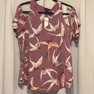NWT Ann Taylor Bird Print Cold Shoulder Blouse